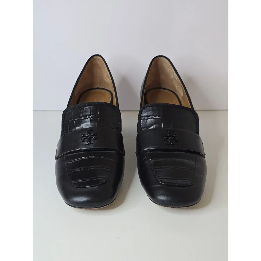 Tory Burch Everly Block Heel Loafers Womens 10 Black Leather Croc Embossed Logo